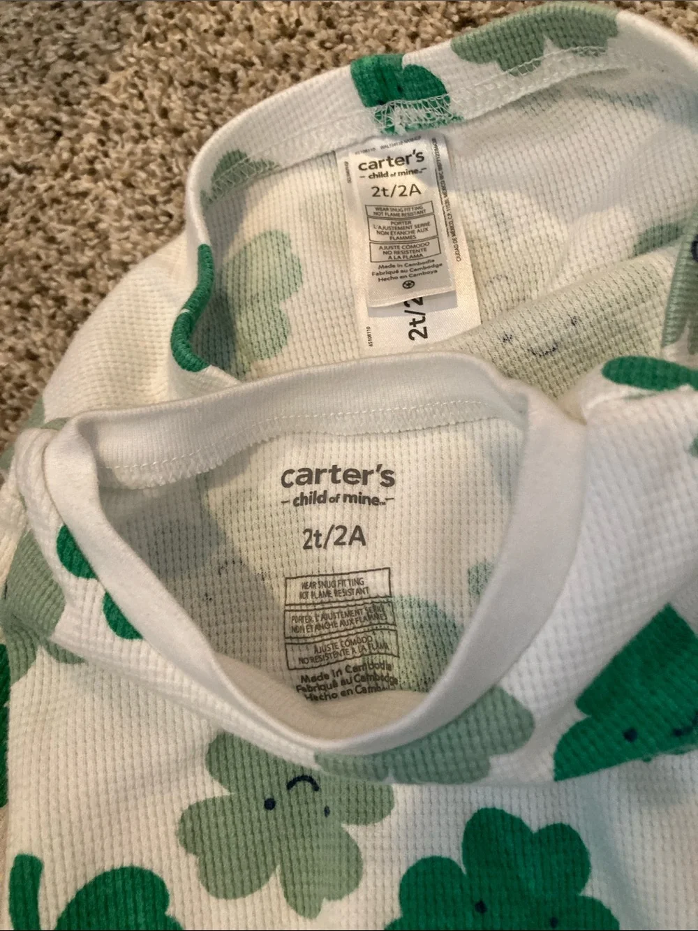Carter's White Pajama Set with Light and Dark Green Shamrocks